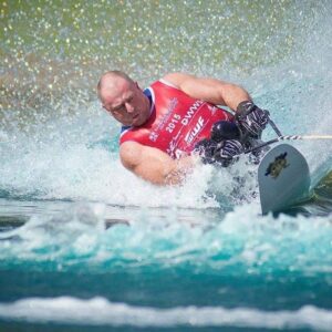 Jason Sleep in competition as a water skier